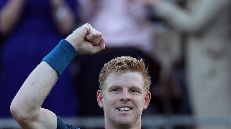 Kyle Edmund of Great Britain celebrates winning his match against Ryan Harrison of The USA on Day Two of the Fever-Tree Championships at Queens Club on June 19, 2018 in London, United Kingdom