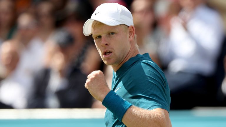 Kyle Edmund of Great Britain celebrates during his men's singles match against Nick Kyrgios of Australia during Day Four of the Fever-Tree Championships at Queens Club on June 21, 2018 in London, United Kingdom