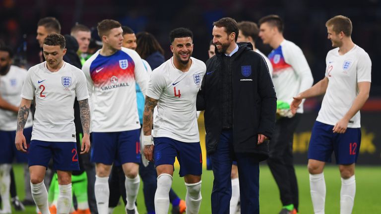 Kyle Walker and Gareth Southgate during the international friendly match between Netherlands and England at Johan Cruyff Arena on March 23, 2018 in Amsterdam, Netherlands.