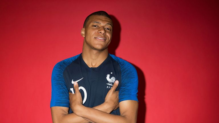 Kylian Mbappe of France poses for a portrait at the team hotel during the official FIFA World Cup 2018 portrait session