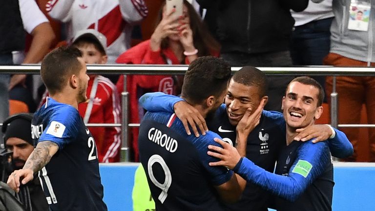 Kylian Mbappe celebrates France's opener with Oliver Giroud and Antoine Griezmann