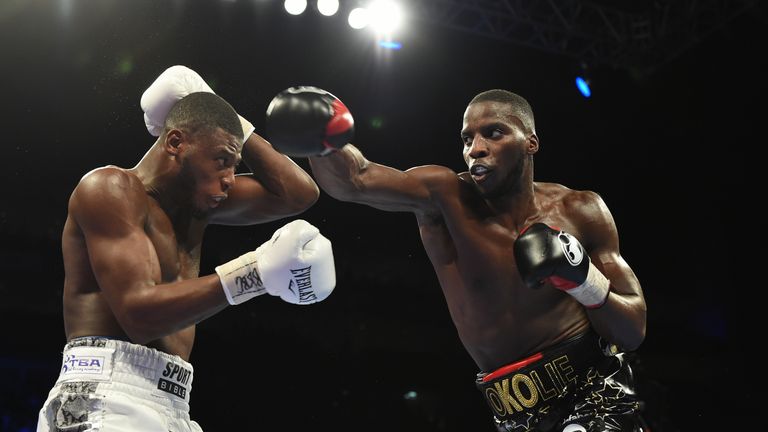 Lawrence Okolie (r) in boxing action against Issac Chamberlain during their fight for the vacant WBA Continental Cruiserweight title at The O2 Arena.February 3, 2018 in London, England. (Photo by Leigh Dawney/Getty Images)