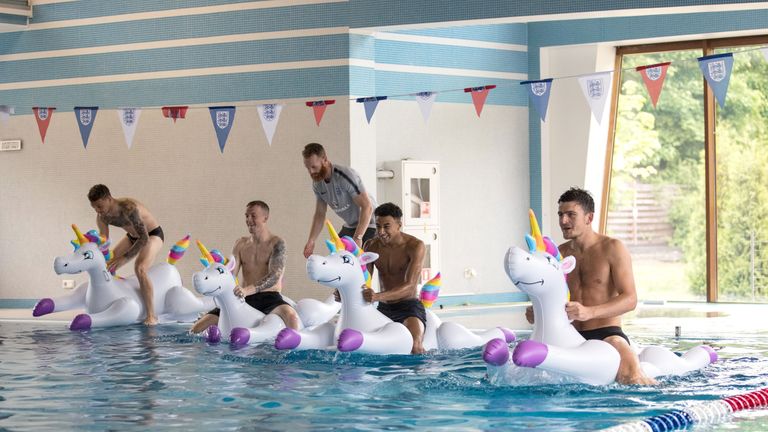 Editorial Use Only.Mandatory Credit: Photo by Eddie Keogh for FA/REX/Shutterstock (9721909m).Kieran Trippier, Jordan Pickford, Jesse Lingard and Harry Maguire play with inflatable unicorns in the pool during a recovery session at the ForRestMix Hotel in Repino.England Football Team Recovery Session at ForRestMix Hotel in Repino near St Petersburg, Russia - 19 Jun 2018