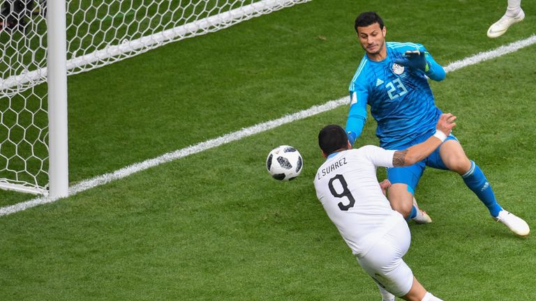 Luis Suarez misses a first-half chance for Uruguay against Egypt in World Cup Group A