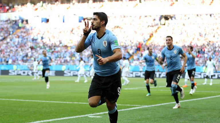 Luis Suarez celebrates after giving Uruguay the lead in Rostov-on-Don