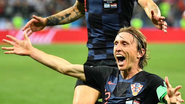 Luka Modric celebrates Croatia's second goal against Argentina