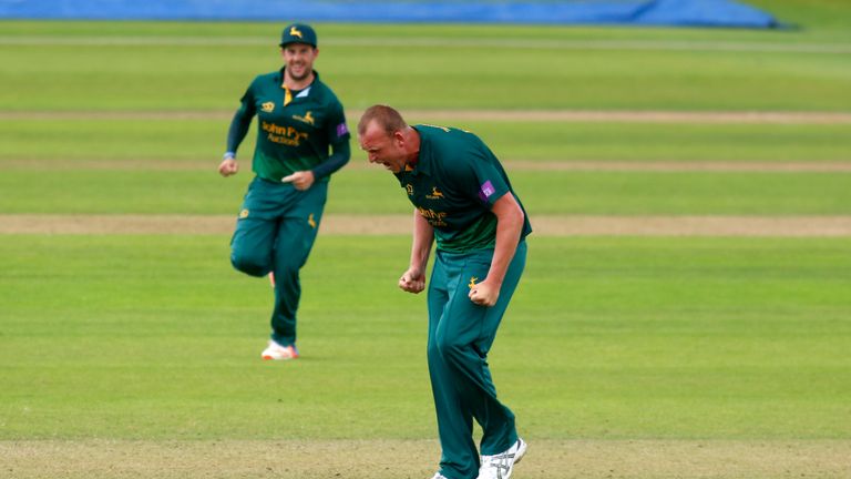 TAUNTON, ENGLAND - JUNE 13: Luke Fletcher of Nottinghamshire Outlaws celebrates after taking the wicket of Steve Davies of Somerset during The Royal London One-Day Cup Play Off match between Somerset and Nottinghamshire Outlaws at The Cooper Associates County Ground on June 13, 2017 in Taunton, England. (Photo by Julian Herbert/Getty Images)