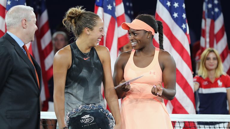Madison Keys of the United States and Sloane Stephens of the United States pose during the trophy presentation after the Women's Singles finals match on Day Thirteen of the 2017 US Open at the USTA Billie Jean King National Tennis Center on September 9, 2017 in the Flushing neighborhood of the Queens borough of New York City. Sloane Stephens defeated Madison Keys in the second set with a score of 6-3, 6-0. 