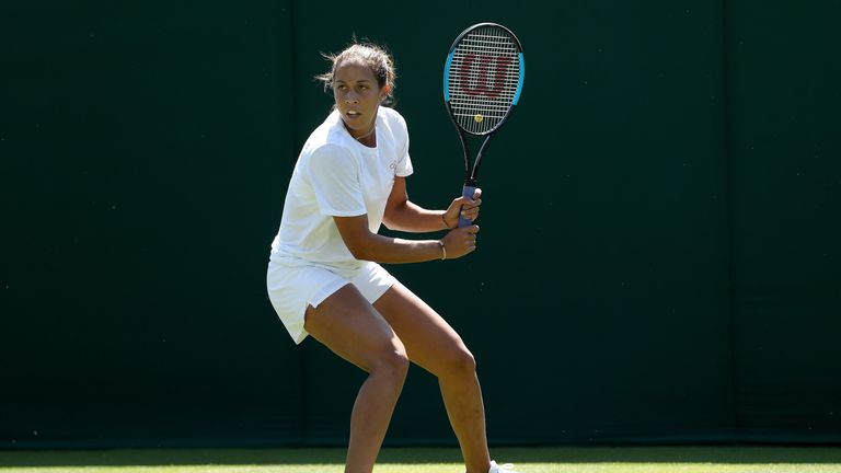 Madison Keys of the United States practices on court during training for the Wimbledon Lawn Tennis Championships at the All England Lawn Tennis and Croquet Club at Wimbledon on June 29, 2018 in London, England