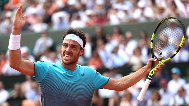 Marco Cecchinato of Italy celebrates during the mens singles semi-final match against Dominic Thiem of Austria during day thirteen of the 2018 French Open at Roland Garros on June 8, 2018 in Paris, France.