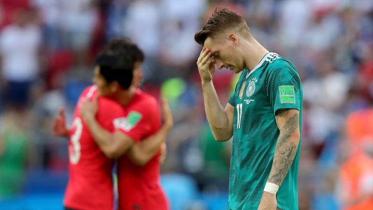 Marco Reus reacts to the 2-0 defeat by South Korea, resulting in Germany&#39;s elimination from the World Cup
