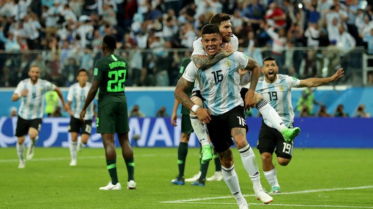 Marcos Rojo and Lionel Messi during the 2018 FIFA World Cup Russia group D match between Nigeria and Argentina at Saint Petersburg Stadium on June 26, 2018