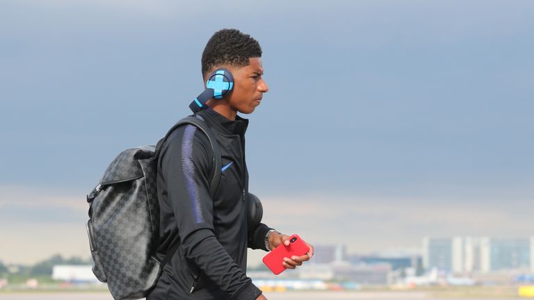 ST PETERSBURG, RUSSIA - JUNE 12, 2018: Marcus Rashford of the English national football team welcomed at St Petersburg's Pulkovo International Airport ahead of the 2018 FIFA World Cup scheduled to start on June 14. Alexander Demianchuk/TASS