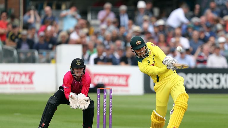 during the one day tour match between Sussex and Australia at The 1st Central County Ground on June 7, 2018 in Hove, England.