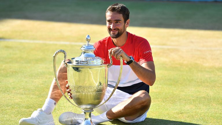 Marin Cilic of Croatia poses with the trophy after his win over Novak Djokovic of Serbia during Day 7 of the Fever-Tree Championships at Queens Club on June 24, 2018 in London, United Kingdom.