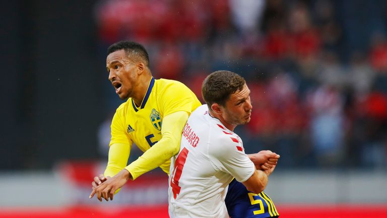 Martin Olsson battles with Henrik Dalsgaard