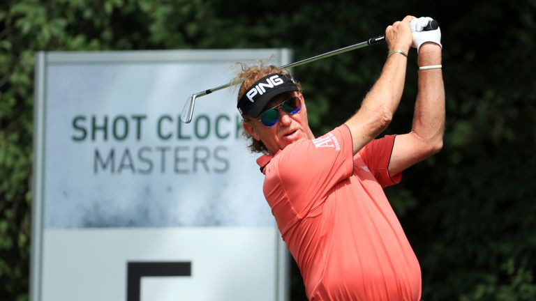 Miguel Ángel Jiménez of Spain tees off on the 5th hole during day two of The 2018 Shot Clock Masters at Diamond Country Club on June 8, 2018 in Atzenbrugg, Austria