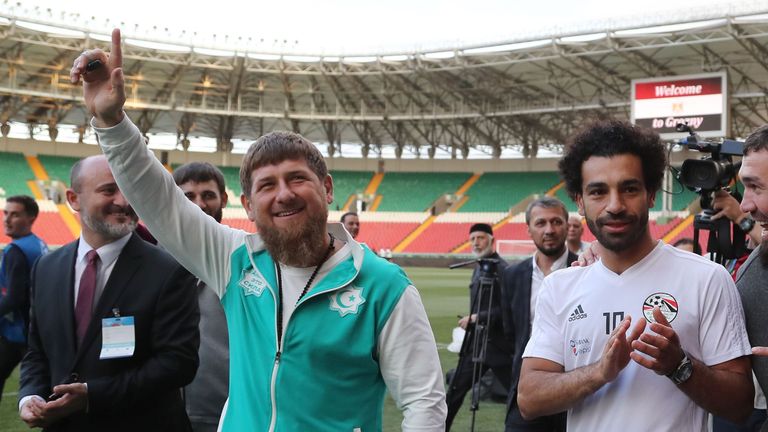 Mohamed Salah (R) and head of the Chechen Republic Ramzan Kadyrov pose during a training of Egyptian team at the Akhmat Arena stadium in Grozny