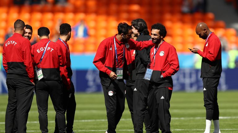 Mohamed Salah with teammates before the 2018 FIFA World Cup, group A match between Egypt and Uruguay at Ekaterinburg Arena
