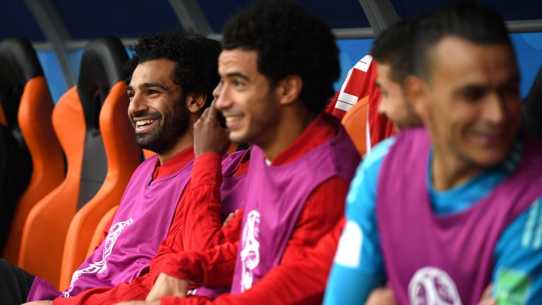 A smiling Mohamed Salah during the 2018 FIFA World Cup, group A match between Egypt and Uruguay at Ekaterinburg Arena
