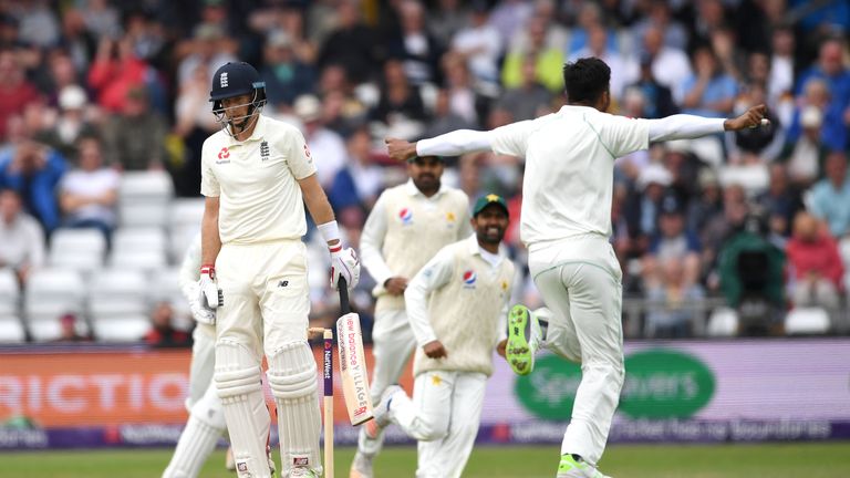 Mohammad Amir celebrates the wicket of Joe Root during day two of the 2nd NatWest Test match between England and Pakistan at Headingley on June 2, 2018 in Leeds.