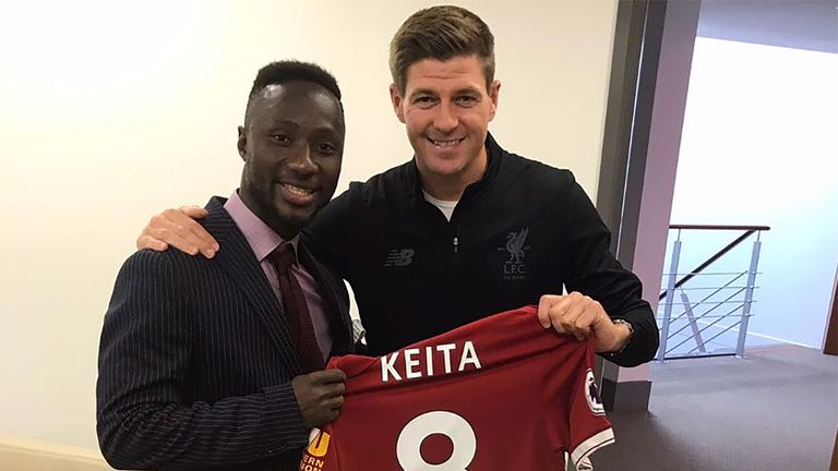 New Liverpool signing Naby Keita is handed the No.8 shirt by Steven Gerrard (Liverpool FC)