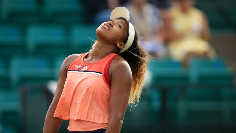 Naomi Osaka of Japan reacts during her second round match against Denisa Allertova of the Czech Republic Day Five of the Nature Valley Open at Nottingham Tennis Centre on June 13, 2018 in Nottingham, United Kingdom.