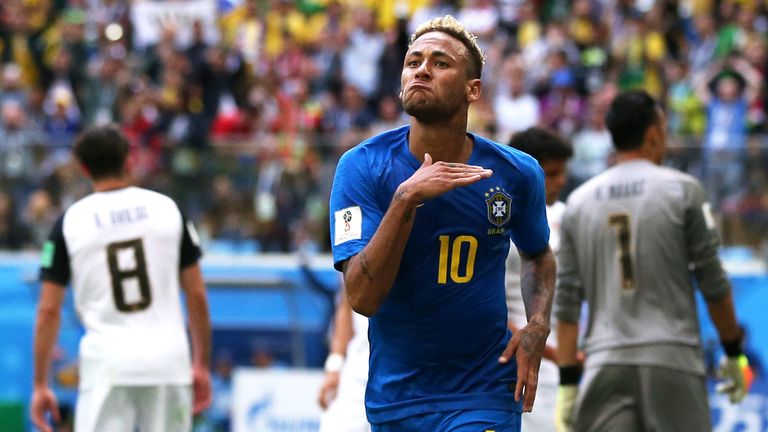 Neymar celebrates after extending Brazil's lead in Saint Petersburg