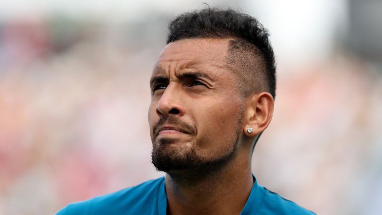 Nick Kyrgios of Australia looks on during his match against Andy Murray of Great Britain on Day Two of the Fever-Tree Championships at Queens Club on June 19, 2018 in London, United Kingdom.