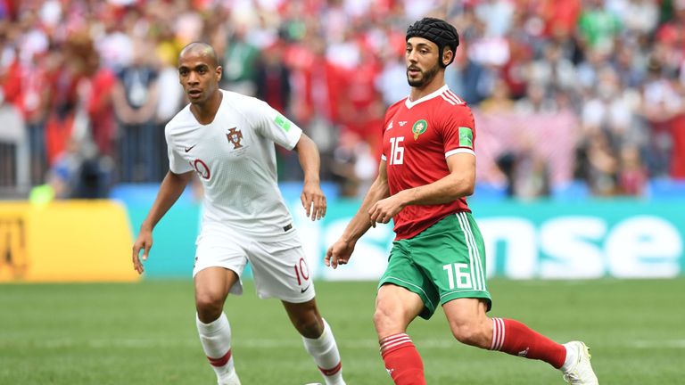Nordin Amrabat began the game against Portugal wearing protective head gear