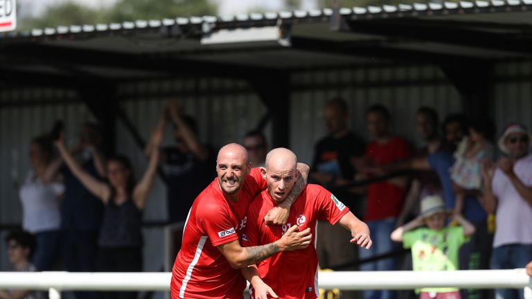 Northern Cyprus celebrates after scoring a goal  during the CONIFA World Football Cup 2018 match between Abkhazia and Northern Cyprus at Enfield Town on June 3, 2018 in London, England. (Photo by Con Chronis/Getty Images)