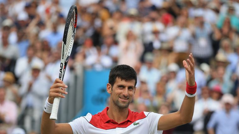 Novak Djokovic of Serbia celebrates his victory after his singles semi-final match against Jeremy Chardy of France during day six of the Fever-Tree Championships at Queens Club on June 23, 2018 in London, United Kingdom.