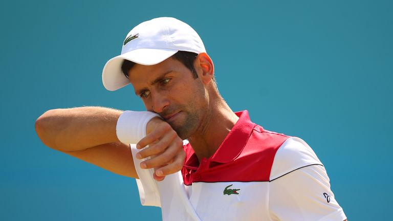 Novak Djokovic of Serbia reacts during Day 7 of the Fever-Tree Championships at Queens Club on June 24, 2018 in London, United Kingdom