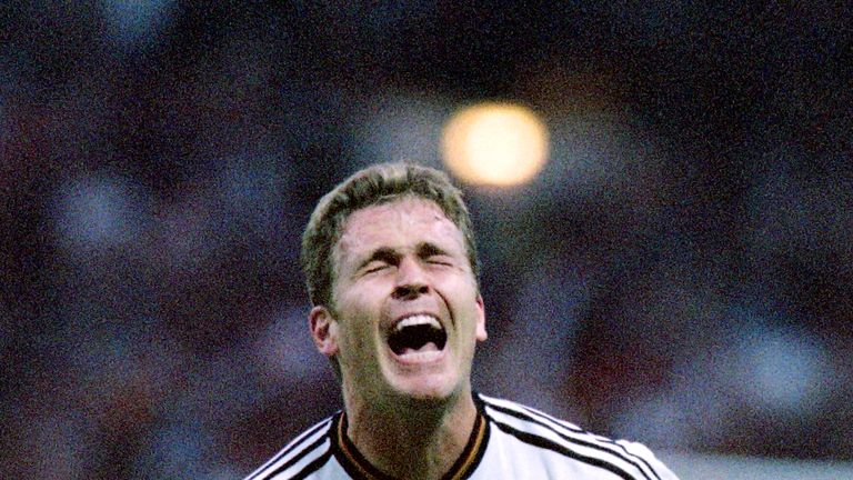 Oliver Bierhoff celebrates after scoring a golden goal for Germany at Euro '96