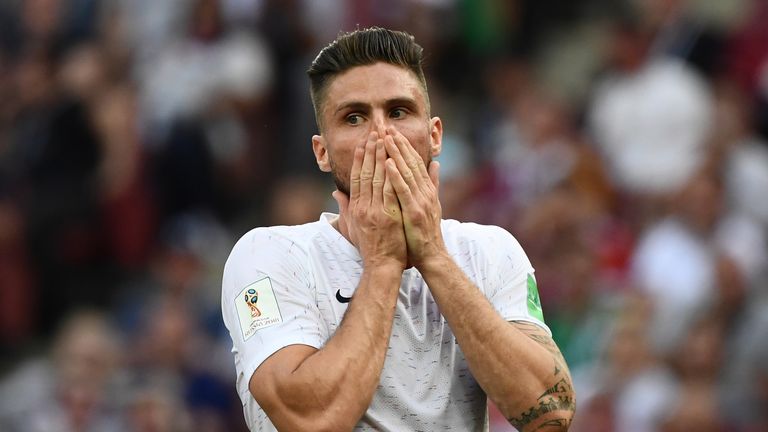 Olivier Giroud gestures during the Group C match against Denmark