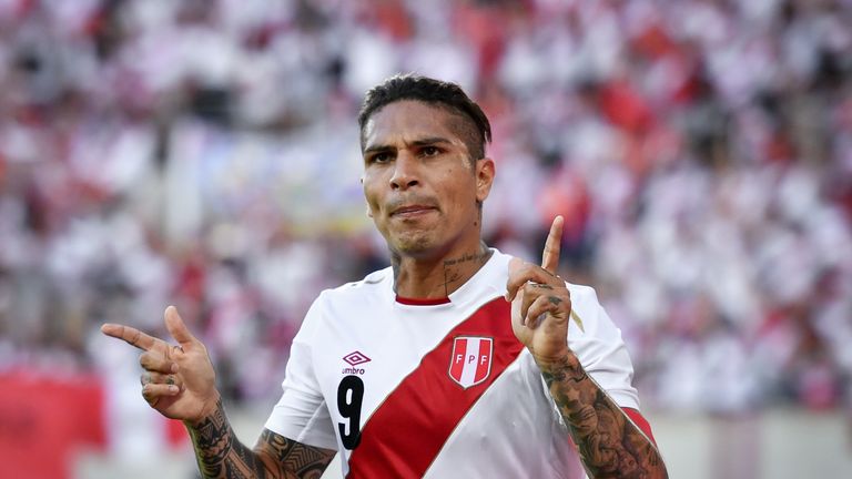 Peru's forward Paolo Guerrero celebrates after scoring a goal during an international friendly football match between Saudi Arabia and Peru at Kybunpark stadium in St. Gallen on June 3, 2018