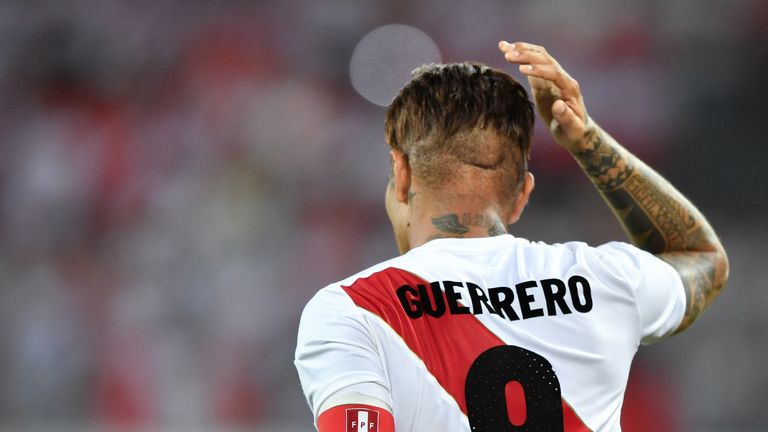 Peru&#39;s forward Paolo Guerrero gestures during an international friendly football match between Saudi Arabia and Peru at Kybunpark stadium in St. Gallen on June 3