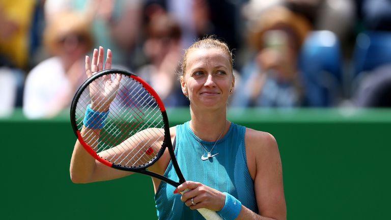 Petra Kvitova of the Czech Republic celebrates victory during her Round of 16 match against Daria Gavrilova of Australia during Day Six of the Nature Valley Classic at Edgbaston Priory Club on June 21, 2018 in Birmingham, United Kingdom. 