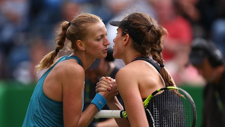 Petra Kvitova of The Czech Republic and Johanna Konta of Great Britain shake hands following their first round match on Day Four of the Nature Valley Classic at Edgbaston Priory Club on June 19, 2018 in Birmingham, United Kingdom.