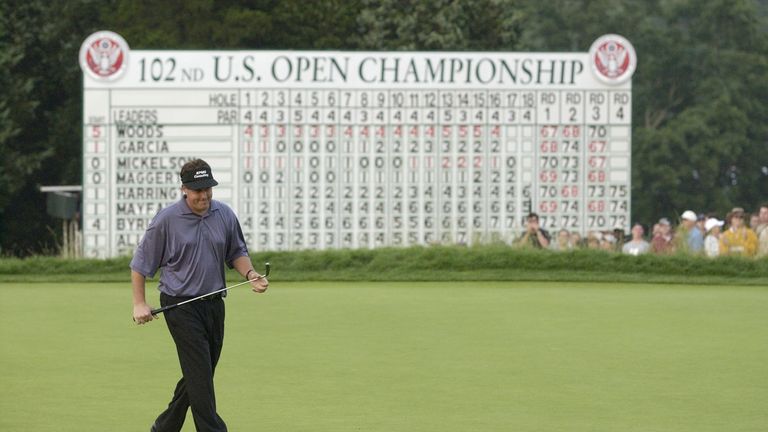 Phil Mickelson crosses the 18th green during the final round of the 102nd US Open on the Black Course at Bethpage State Park 