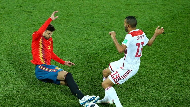 Pique on Boutaib during the 2018 FIFA World Cup Russia group B match between Spain and Morocco at Kaliningrad Stadium on June 25, 2018 in Kaliningrad, Russia.