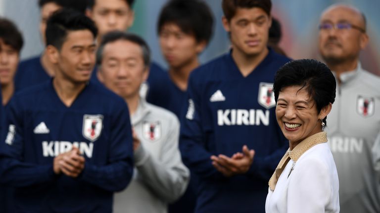 Princess Hisako visits the Japan team at a training session in Kazan