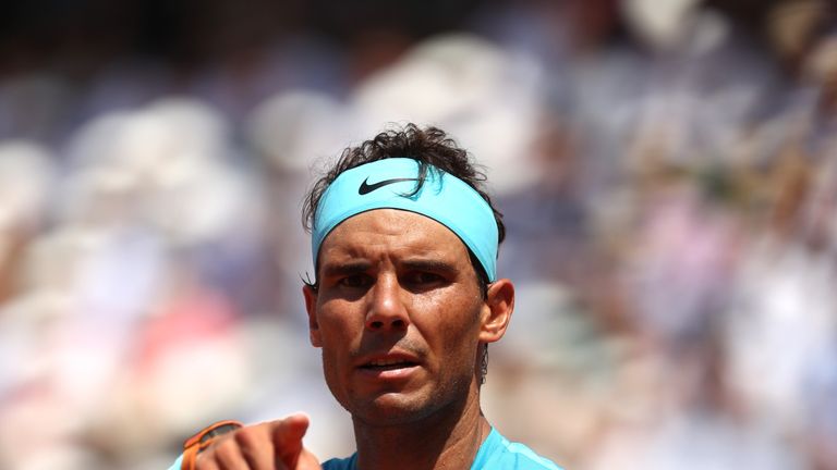 Rafael Nadal of Spain points during the mens singles fourth round match against Maximilian Marterer of Germany during day nine of the 2018 French Open at Roland Garros on June 4, 2018 in Paris, France. 
