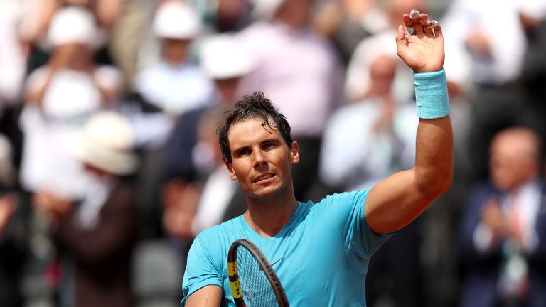 Rafael Nadal of Spain celebrates victory during the mens singles fourth round match against Maximilian Marterer of Germany during day nine of the 2018 French Open at Roland Garros on June 4, 2018 in Paris, France.