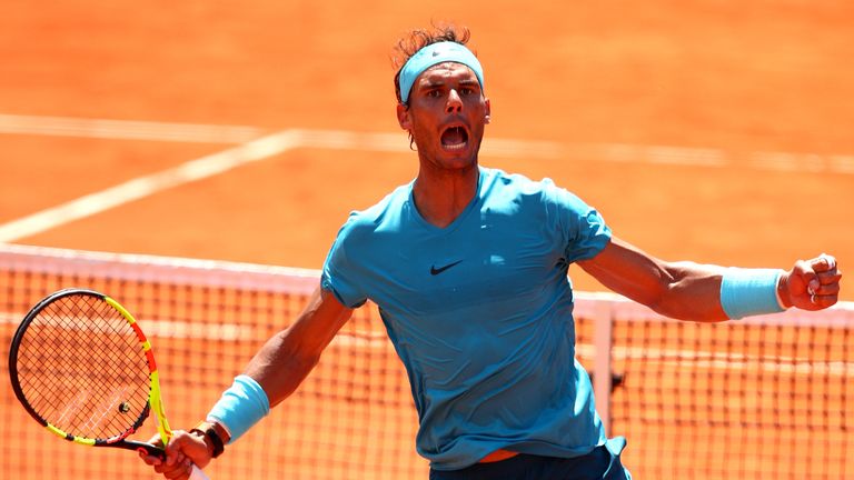 Rafael Nadal of Spain celebrates victory during the mens singles quarter finals match againts Diego Schwartzman of Argentina during day twelve of the 2018 French Open at Roland Garros on June 7, 2018 in Paris, France.