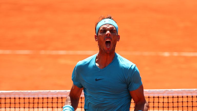 Rafael Nadal of Spain celebrates victory during the mens singles quarter finals match againts Diego Schwartzman of Argentina during day twelve of the 2018 French Open at Roland Garros on June 7, 2018 in Paris, France.
