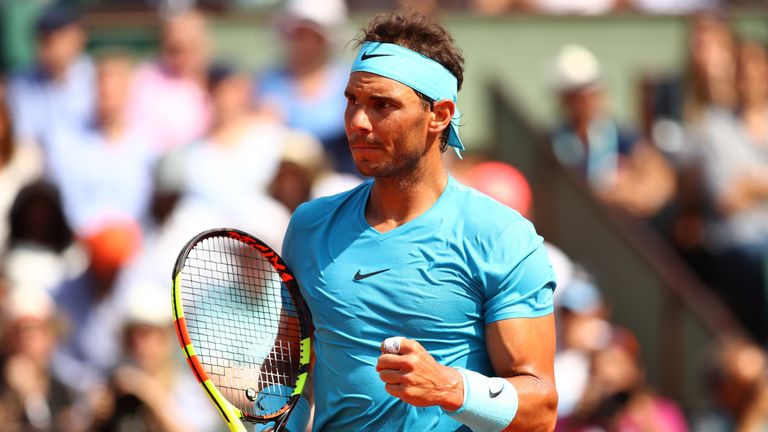 Rafael Nadal of Spain celebrates during his mens singles semi-final match against Juan Martin Del Potro of Argentina during day thirteen of the 2018 French Open at Roland Garros on June 8, 2018 in Paris, France. 