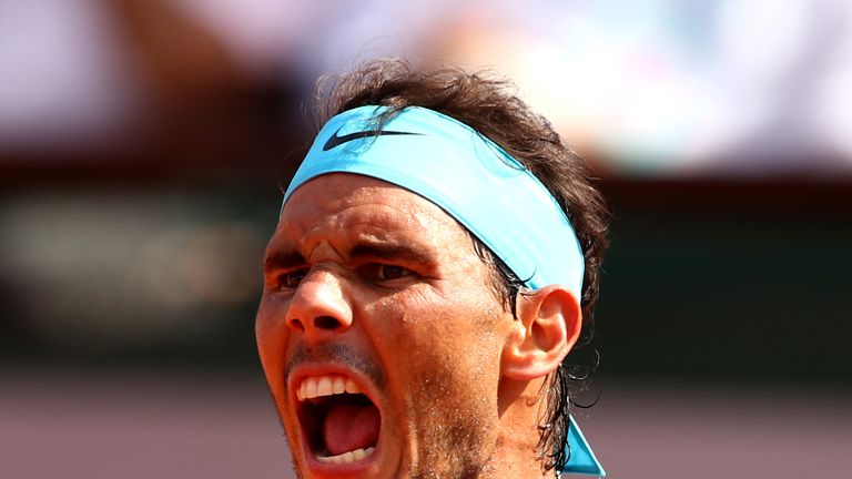 Rafael Nadal of Spain celebrates during his mens singles semi-final match against Juan Martin Del Potro of Argentina during day thirteen of the 2018 French Open at Roland Garros on June 8, 2018 in Paris, France