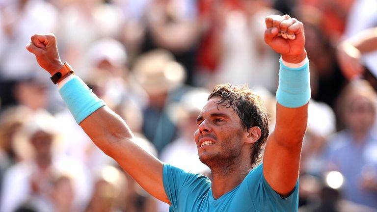 Rafael Nadal of Spain celebrates victory during his mens singles semi-final match against Juan Martin Del Potro of Argentina during day thirteen of the 2018 French Open at Roland Garros on June 8, 2018 in Paris, France.