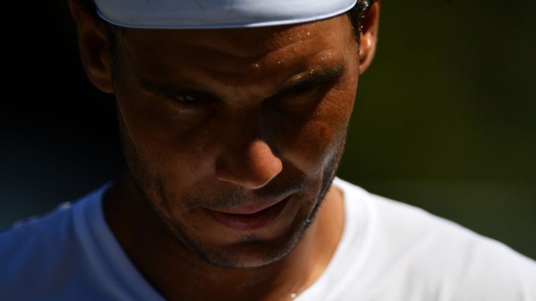 Rafael Nadal of Spain in action against Lucas Pouille of France during the Aspall Tennis Classic at Hurlingham on June 29, 2018 in London, England. 